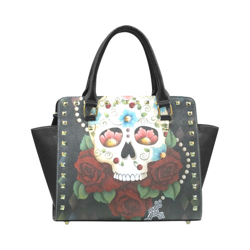 Punk Gothic Rock Metallic Skull Day Of The Dead Floral Sugar Skull Purse Women Handbag Shoulder Bag Wallet Set