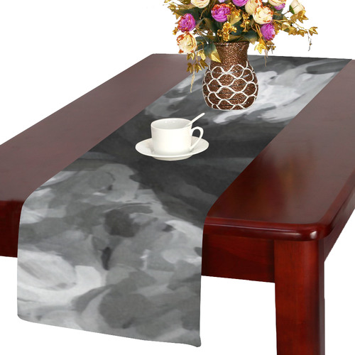 camouflage abstract painting texture background in black and white Table Runner 14x72 inch