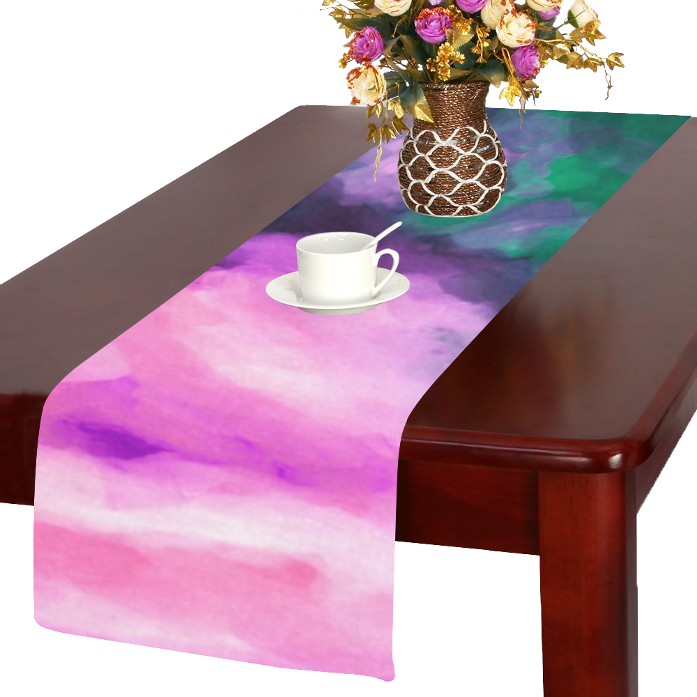 psychedelic splash painting texture abstract background in green and pink Table Runner 14x72 inch