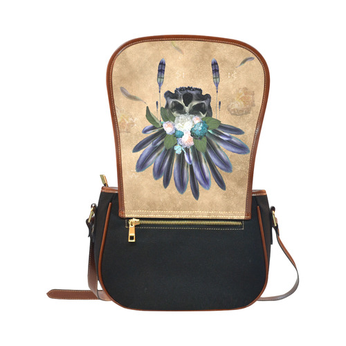 Cool skull with feathers and flowers Saddle Bag/Small (Model 1649)(Flap Customization)