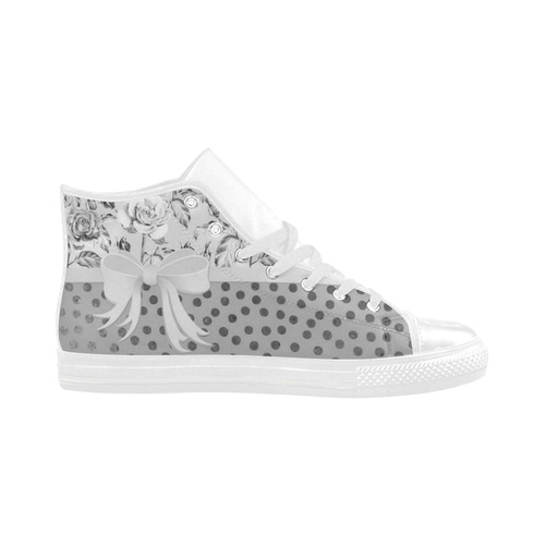 Vintage Roses Polka Dots Ribbon - Grey Silver Aquila High Top Microfiber Leather Women's Shoes (Model 032)