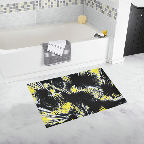 black and white palm leaves with yellow background Bath Rug 20''x 32''