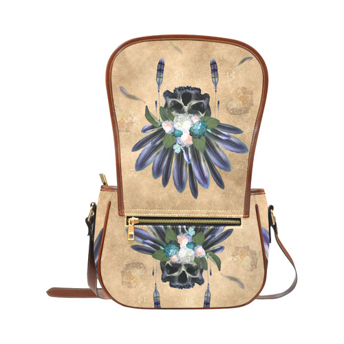 Cool skull with feathers and flowers Saddle Bag/Small (Model 1649) Full Customization