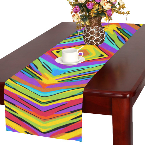 psychedelic geometric graffiti square pattern abstract in blue purple pink yellow green Table Runner 16x72 inch