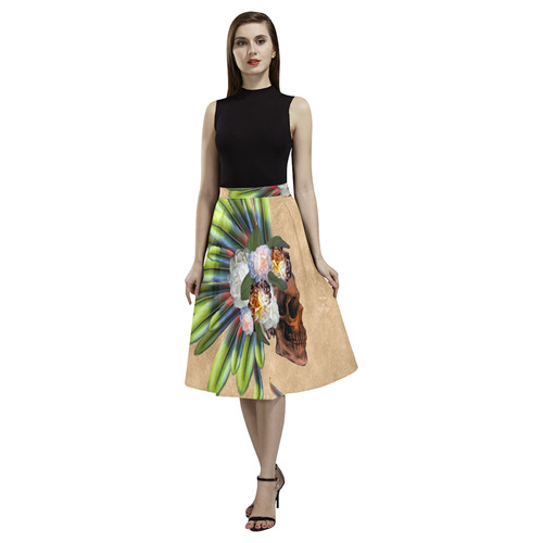 Amazing skull with feathers and flowers Aoede Crepe Skirt (Model D16)