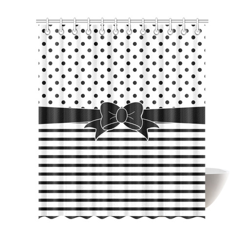 Polka Dots Stripes black white Comic Ribbon black Shower Curtain 72"x84"