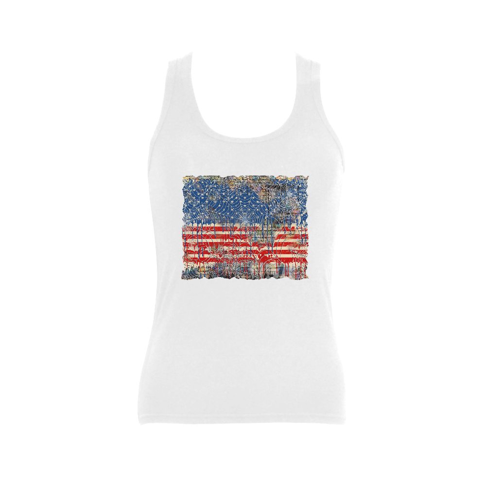 Ladies Tank Ladies USA Flag Drip Print Shirt Women's Shoulder-Free Tank Top (Model T35)