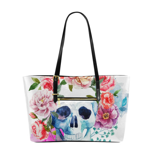 Watercolor Skull With Flowers Floral Euramerican Tote Bag/Large (Model 1656)