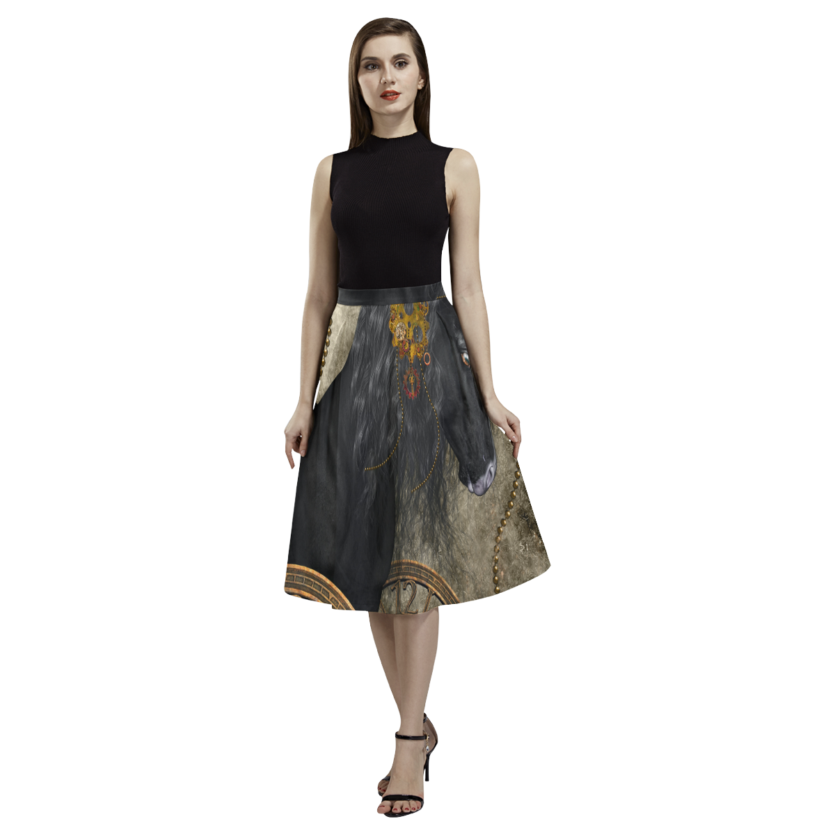 Beautiful wild horse with steampunk elements Aoede Crepe Skirt (Model D16)