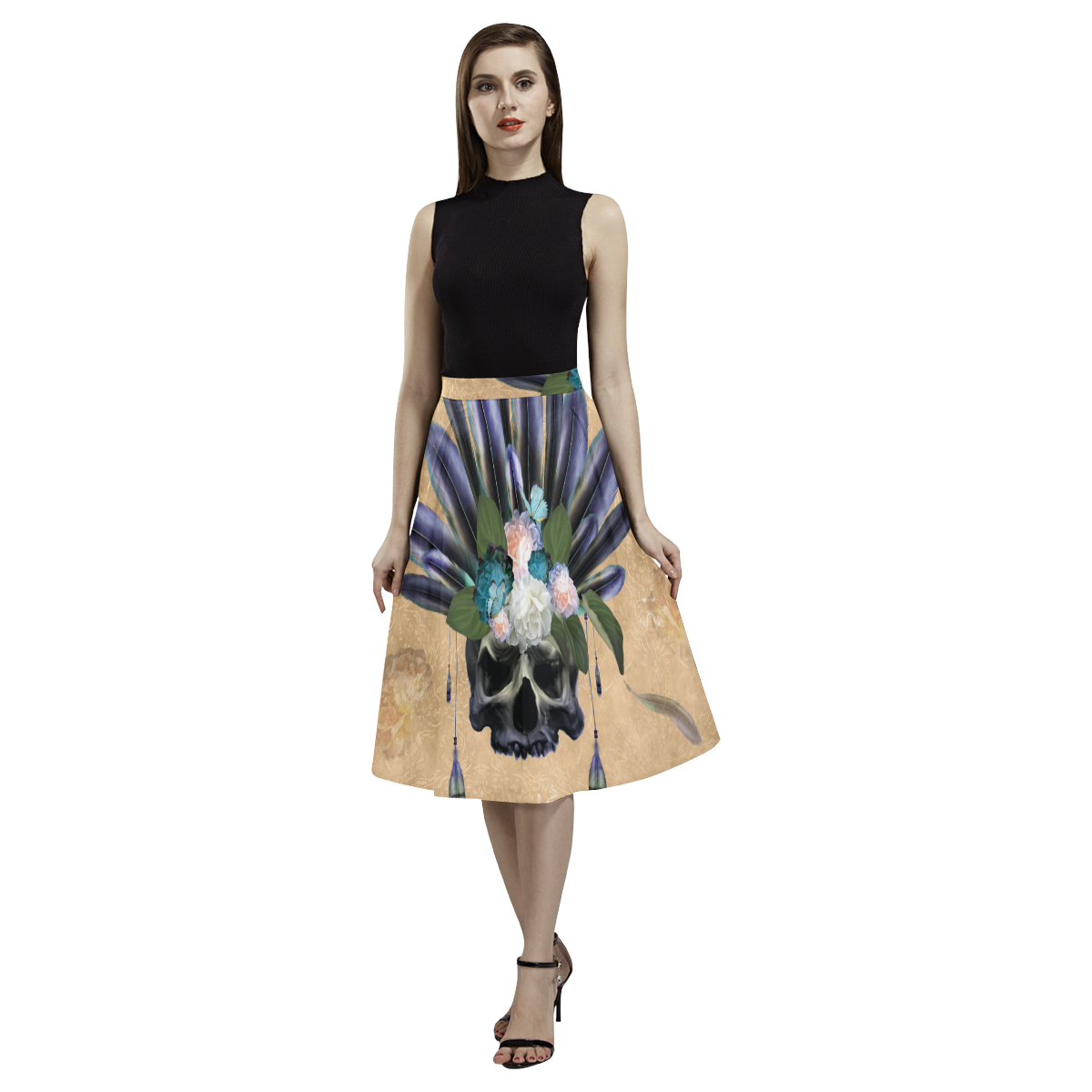 Cool skull with feathers and flowers Aoede Crepe Skirt (Model D16)