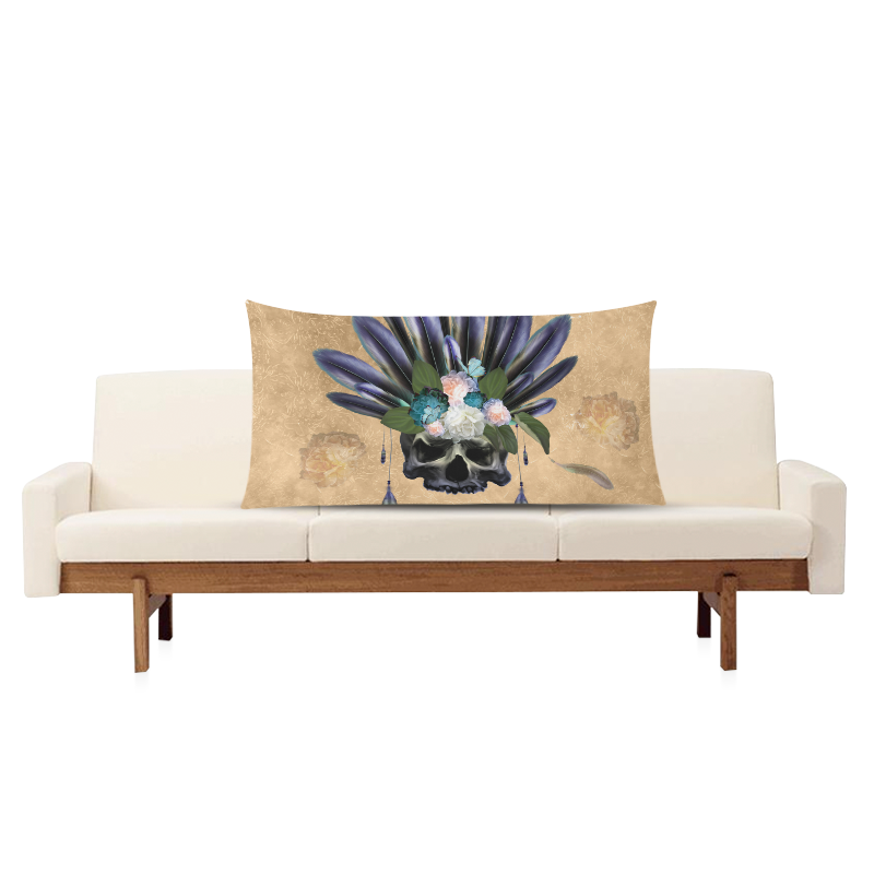 Cool skull with feathers and flowers Rectangle Pillow Case 20"x36"(Twin Sides)