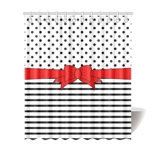 Polka Dots Stripes Black White Comic, Black And Red Shower Curtain