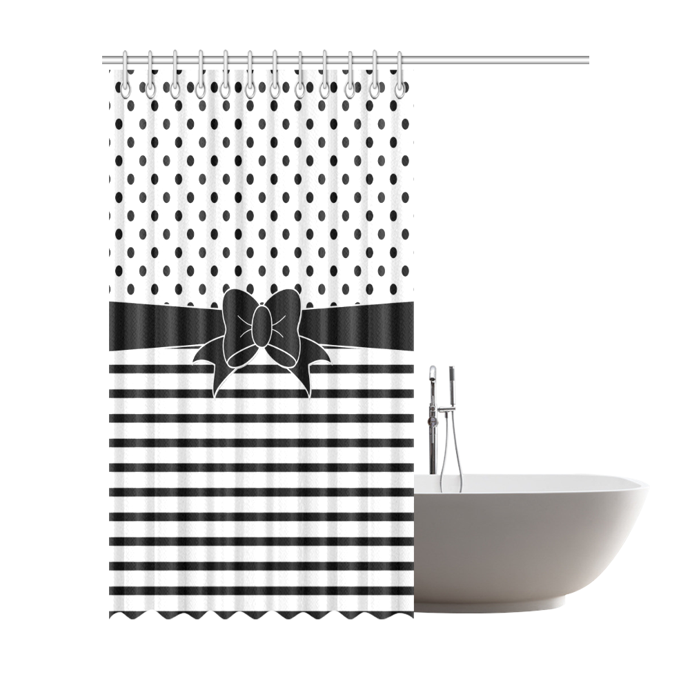 Polka Dots Stripes black white Comic Ribbon black Shower Curtain 72"x84"