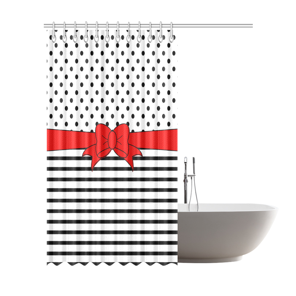 Polka Dots Stripes black white Comic Ribbon red Shower Curtain 72"x84"