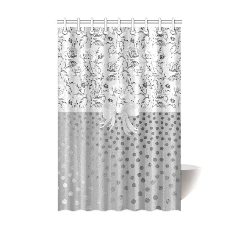 Vintage Roses Polka Dots Ribbon - Grey Silver Shower Curtain 48"x72"