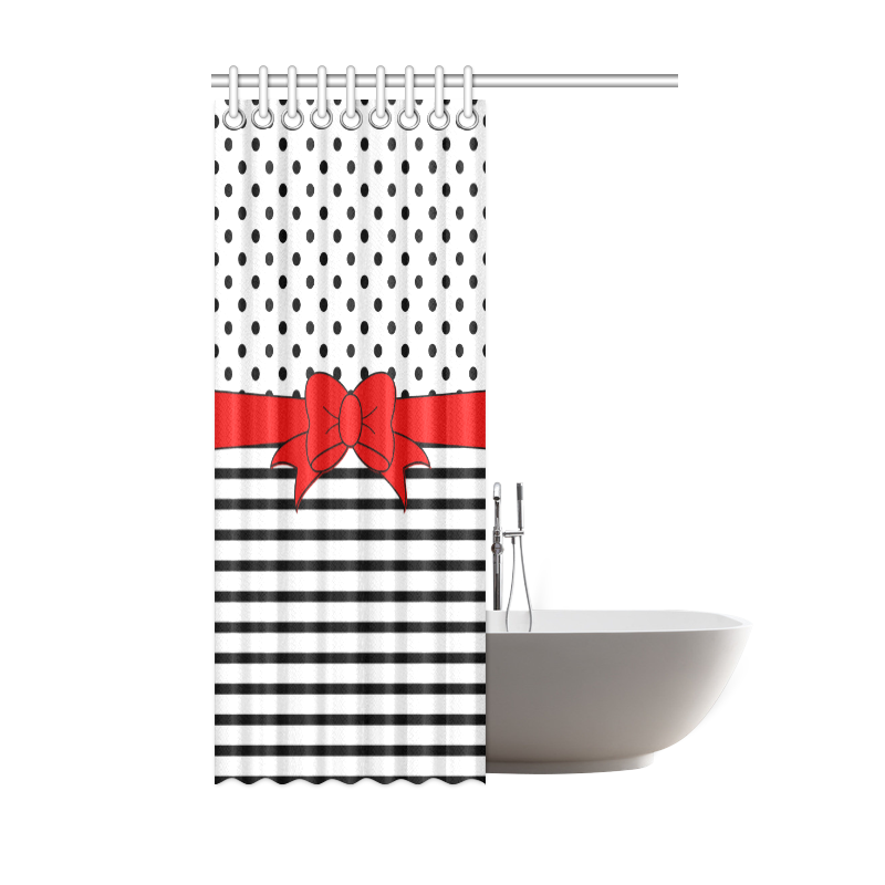 Polka Dots Stripes black white Comic Ribbon red Shower Curtain 48"x72"