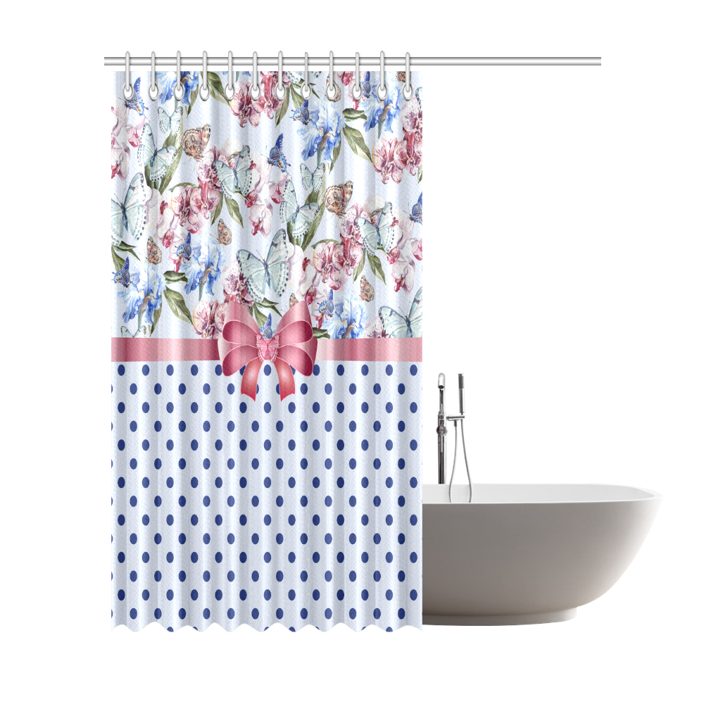 Watercolor Flowers Butterflies Polka Dots Ribbon B Shower Curtain 72"x84"