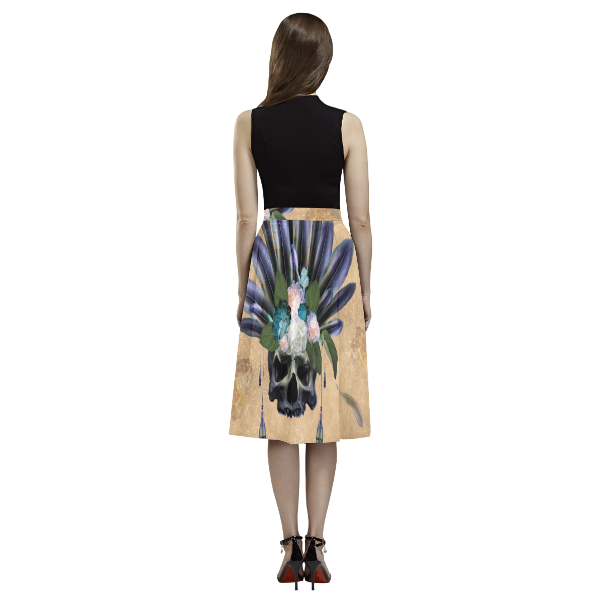 Cool skull with feathers and flowers Aoede Crepe Skirt (Model D16)