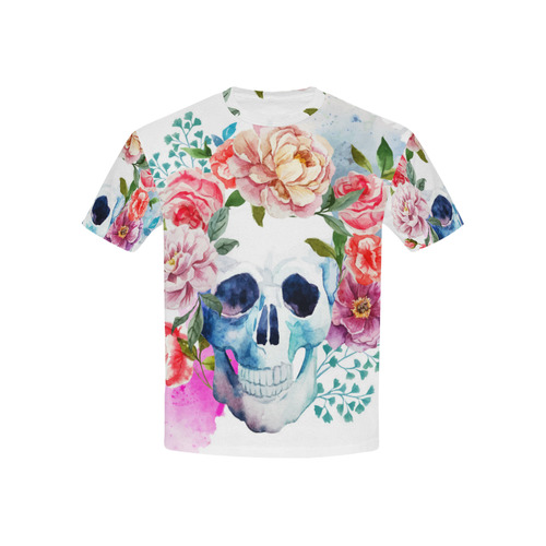 Watercolor Skull With Flowers Floral Kids' All Over Print T-shirt (USA Size) (Model T40)