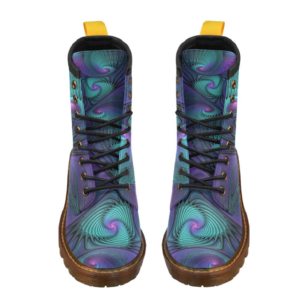 Purple meets Turquoise modern abstract Fractal Art High Grade PU Leather Martin Boots For Women Model 402H