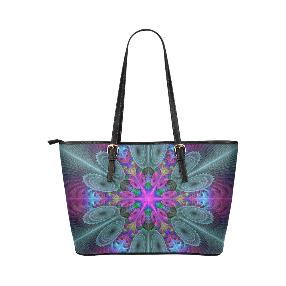Mandala From Center Colorful Fractal Art With Pink Leather Tote Bag/Small (Model 1651)