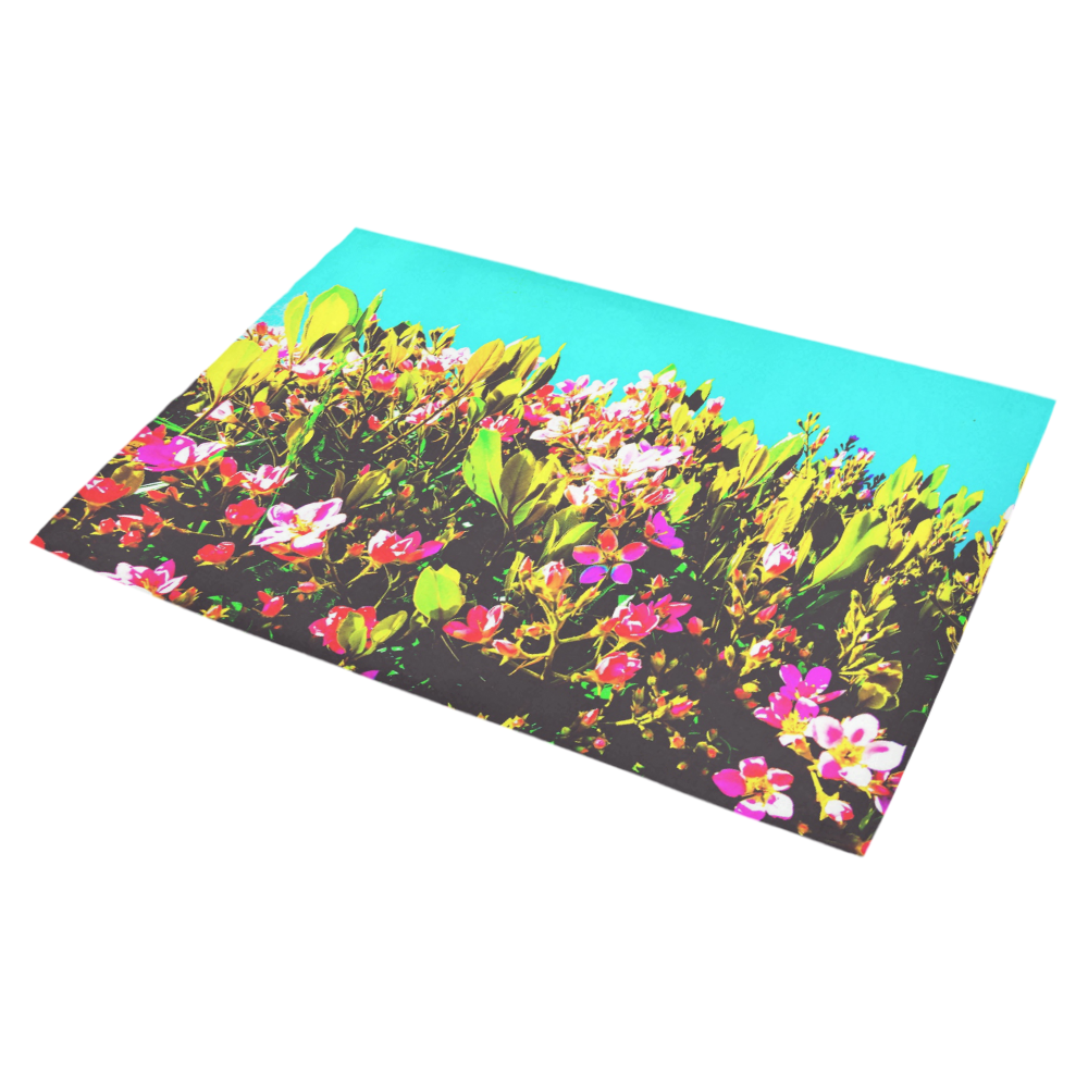 pink flowers with green leaves and blue background Azalea Doormat 30" x 18" (Sponge Material)