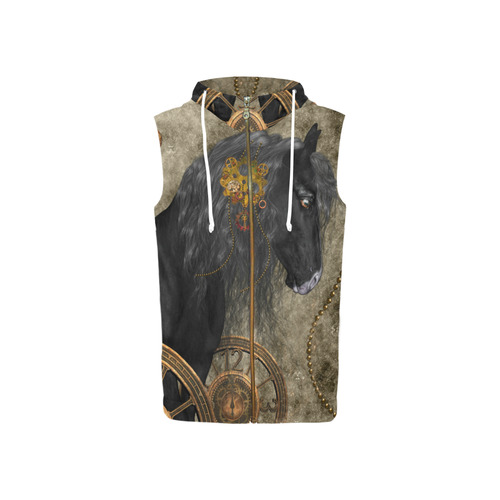 Beautiful wild horse with steampunk elements All Over Print Sleeveless Zip Up Hoodie for Women (Model H16)