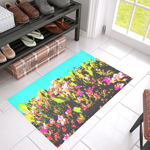 pink flowers with green leaves and blue background Azalea Doormat 30" x 18" (Sponge Material)