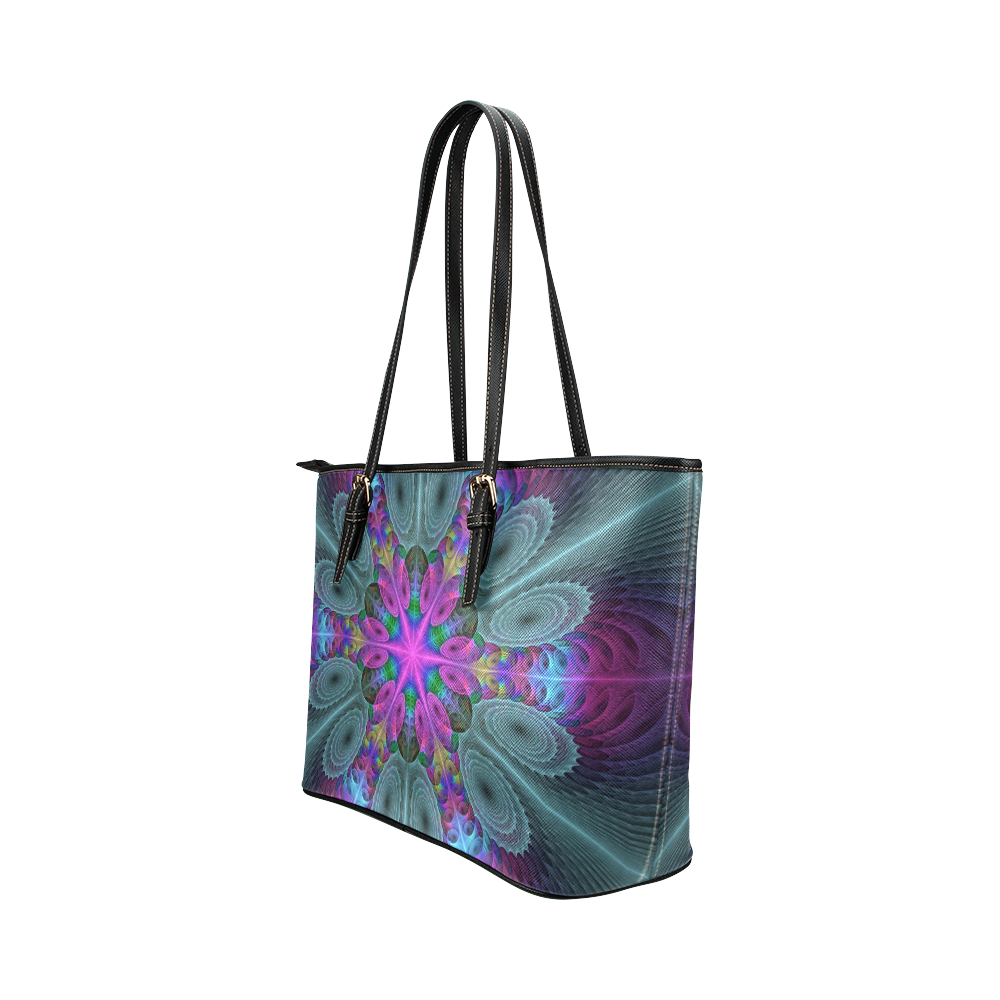 Mandala From Center Colorful Fractal Art With Pink Leather Tote Bag/Small (Model 1651)