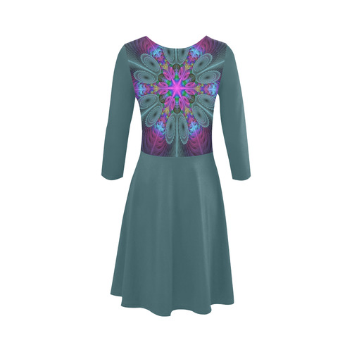 Mandala From Center Colorful Fractal Art With Pink 3/4 Sleeve Sundress (D23)