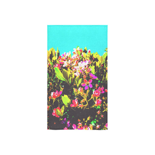 pink flowers with green leaves and blue background Custom Towel 16"x28"