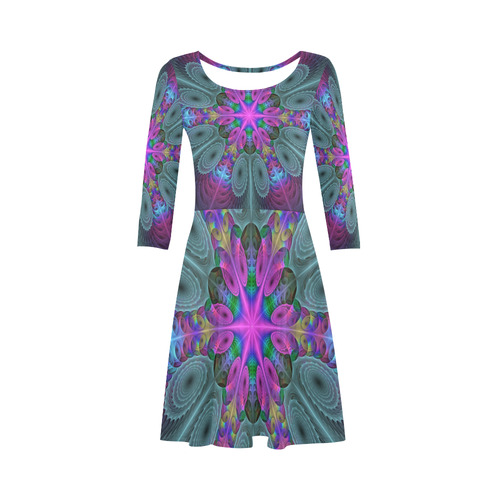 Mandala From Center Colorful Fractal Art With Pink 3/4 Sleeve Sundress (D23)