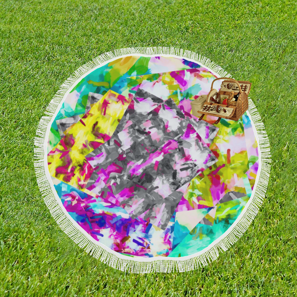 camouflage psychedelic splash painting abstract in pink blue yellow green purple Circular Beach Shawl 59"x 59"