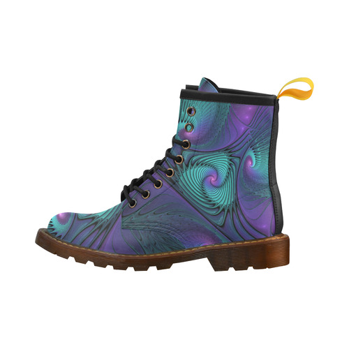 Purple meets Turquoise modern abstract Fractal Art High Grade PU Leather Martin Boots For Men Model 402H