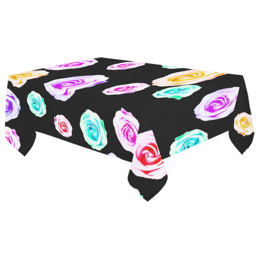 colorful roses in pink purple green yellow with black background Cotton Linen Tablecloth 60"x 104"