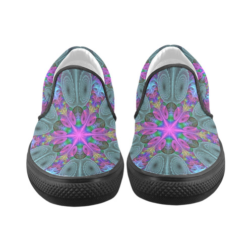 Mandala From Center Colorful Fractal Art With Pink Women's Unusual Slip-on Canvas Shoes (Model 019)