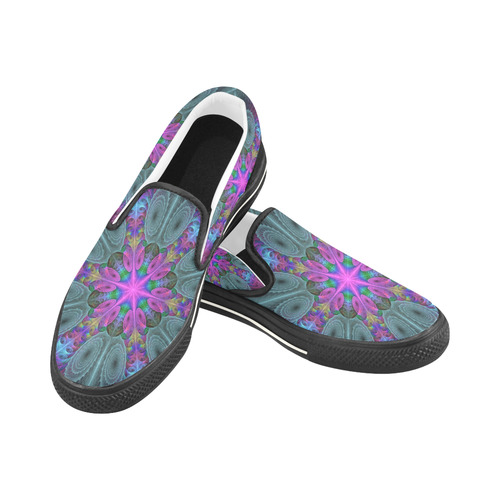 Mandala From Center Colorful Fractal Art With Pink Women's Unusual Slip-on Canvas Shoes (Model 019)