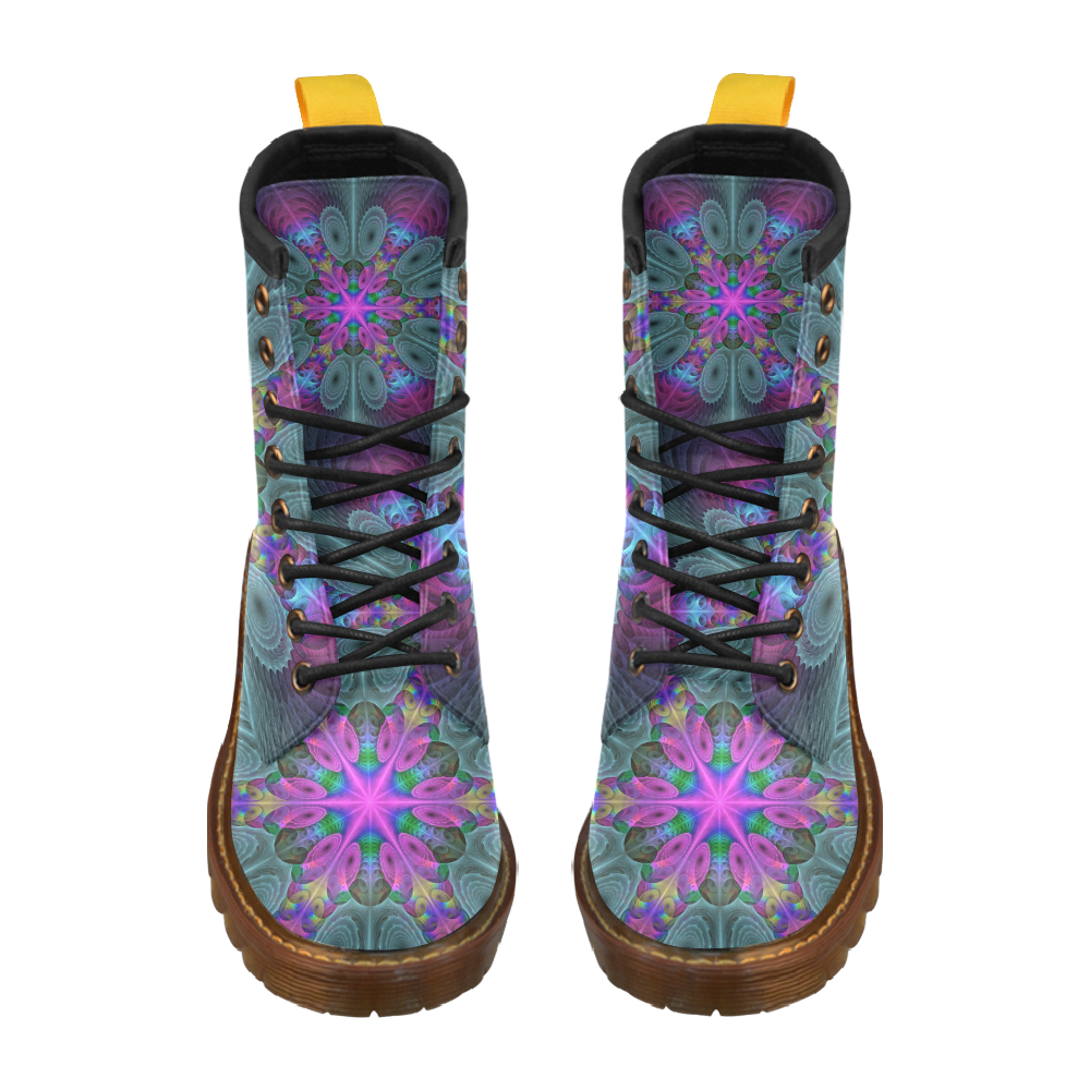 Mandala From Center Colorful Fractal Art With Pink High Grade PU Leather Martin Boots For Women Model 402H
