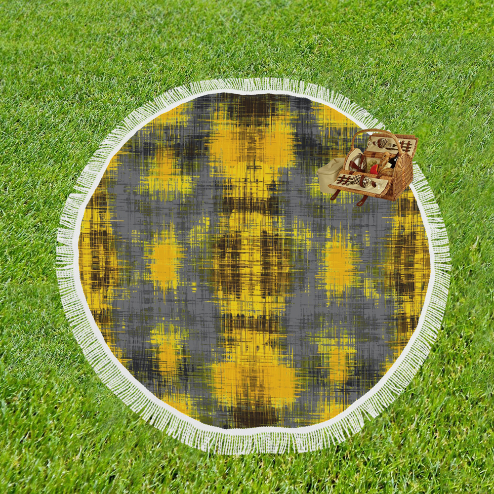 geometric plaid pattern painting abstract in yellow brown and black Circular Beach Shawl 59"x 59"