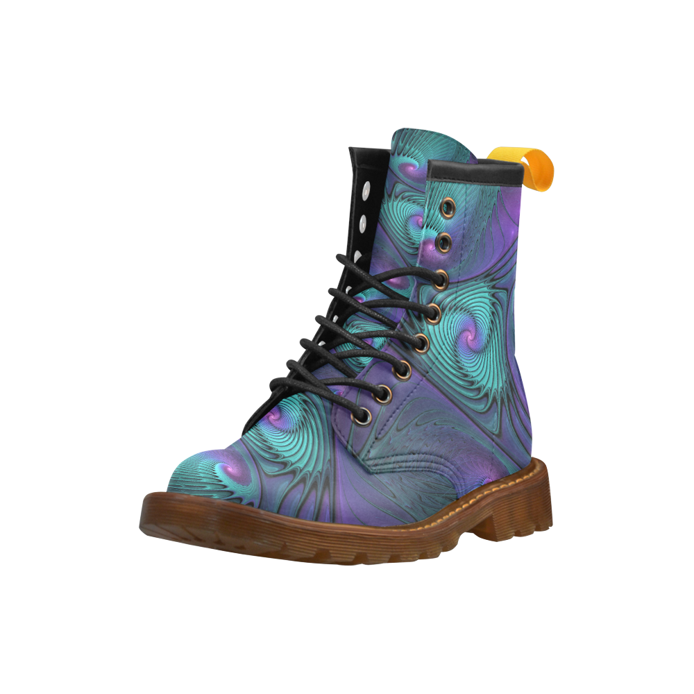 Purple meets Turquoise modern abstract Fractal Art High Grade PU Leather Martin Boots For Men Model 402H