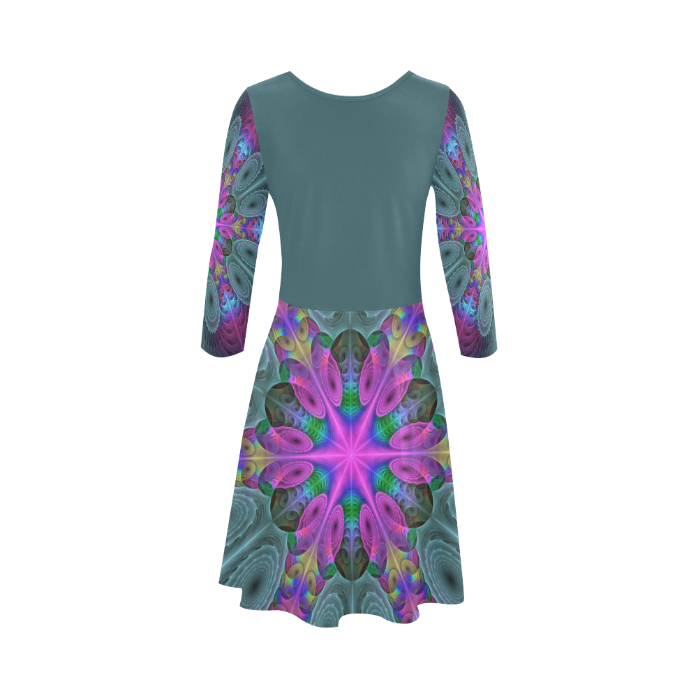 Mandala From Center Colorful Fractal Art With Pink 3/4 Sleeve Sundress (D23)