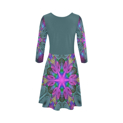 Mandala From Center Colorful Fractal Art With Pink 3/4 Sleeve Sundress (D23)