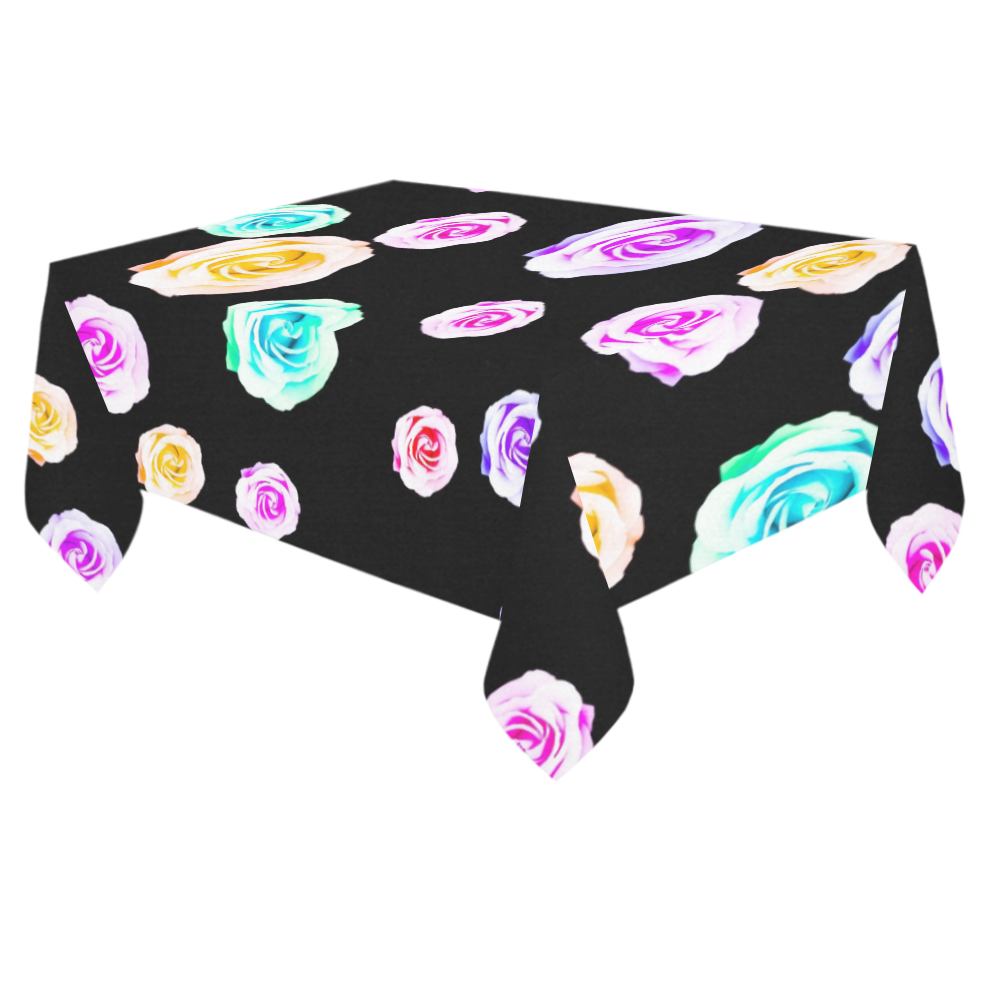 colorful roses in pink purple green yellow with black background Cotton Linen Tablecloth 60"x 84"