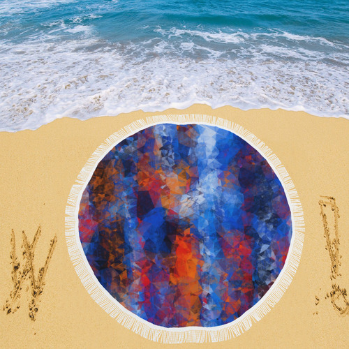 psychedelic geometric polygon shape pattern abstract in red orange blue Circular Beach Shawl 59"x 59"