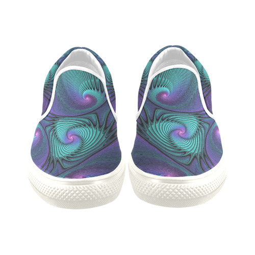 Purple meets Turquoise modern abstract Fractal Art Women's Unusual Slip-on Canvas Shoes (Model 019)