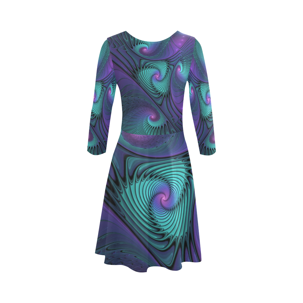 Purple meets Turquoise modern abstract Fractal Art 3/4 Sleeve Sundress (D23)