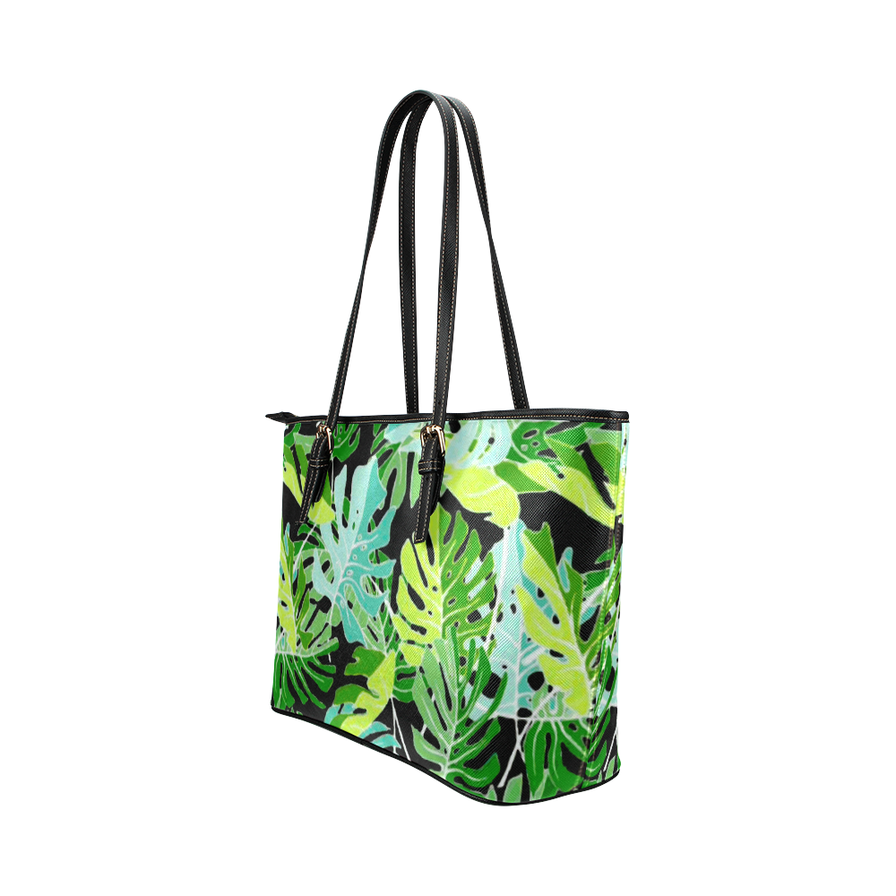 Tropical Leaves Floral Pattern Leather Tote Bag/Large (Model 1651) | ID ...