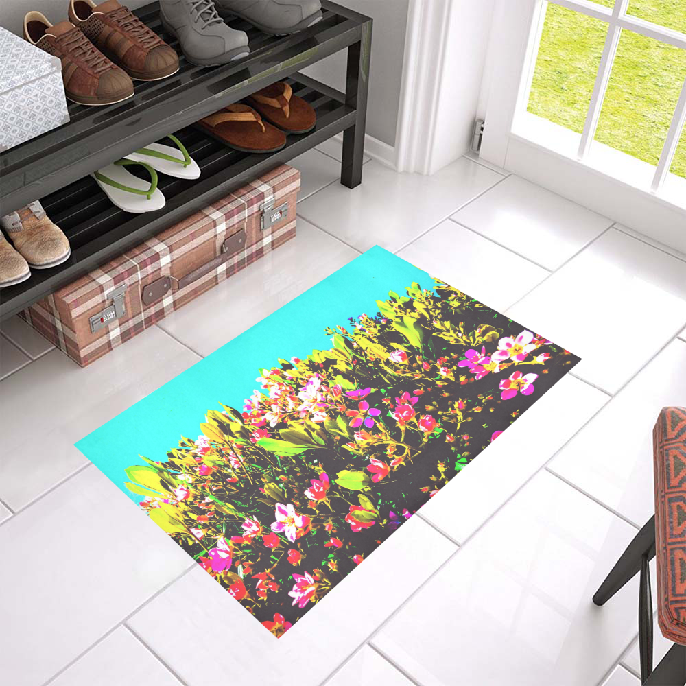 pink flowers with green leaves and blue background Azalea Doormat 24" x 16" (Sponge Material)