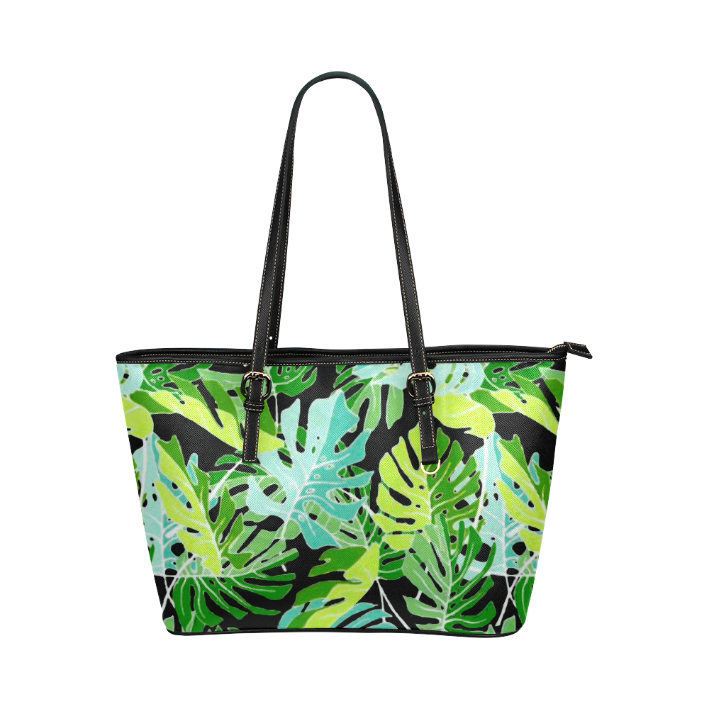 Tropical Leaves Floral Pattern Leather Tote Bag/Large (Model 1651) | ID ...
