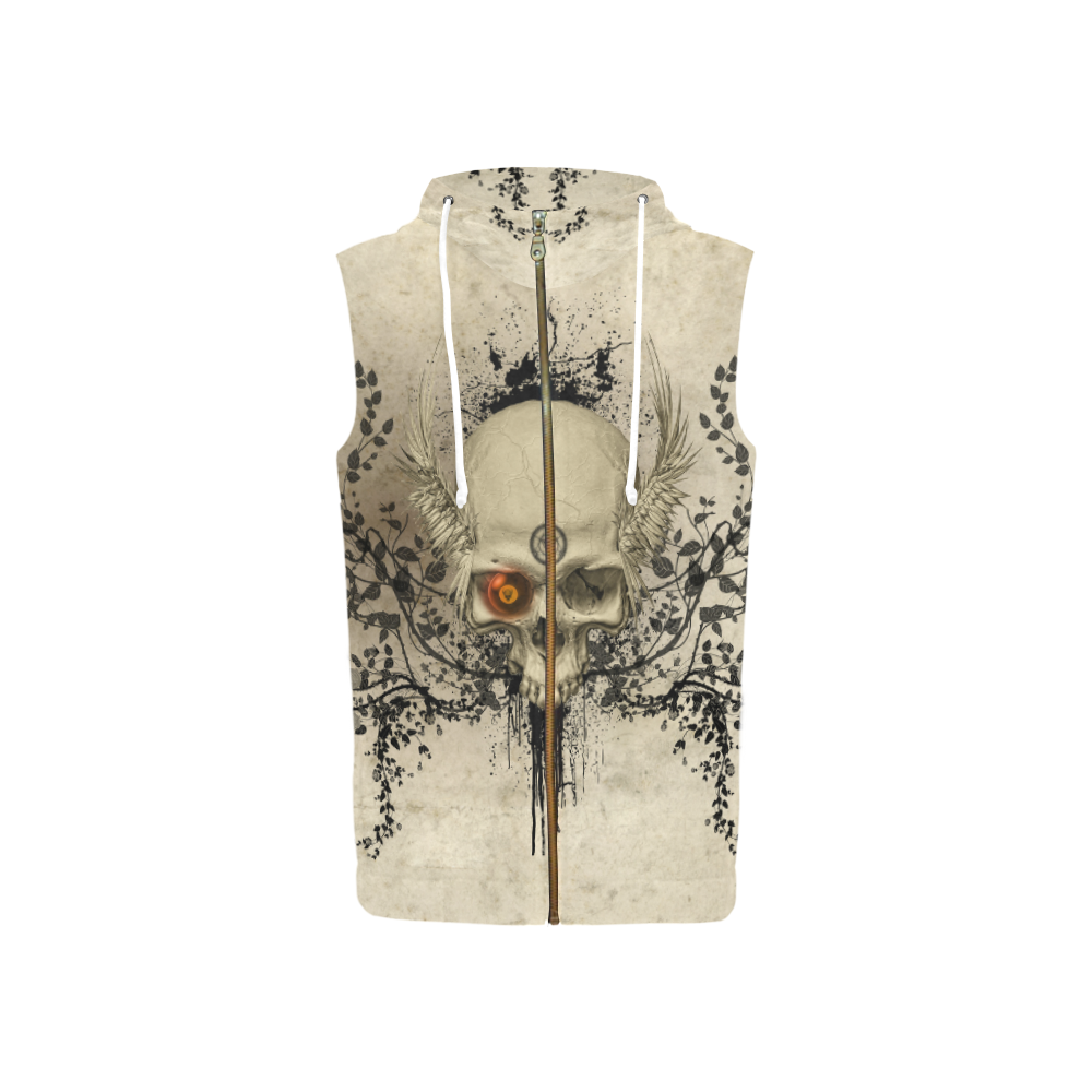 Amazing skull with wings,red eye All Over Print Sleeveless Zip Up Hoodie for Women (Model H16)